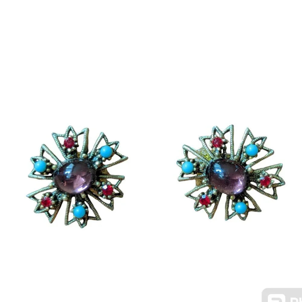 Vintage Gilded Brass Earrings‎ Amethyst Filigree MCM Gold Tone 1950’s Ornate
